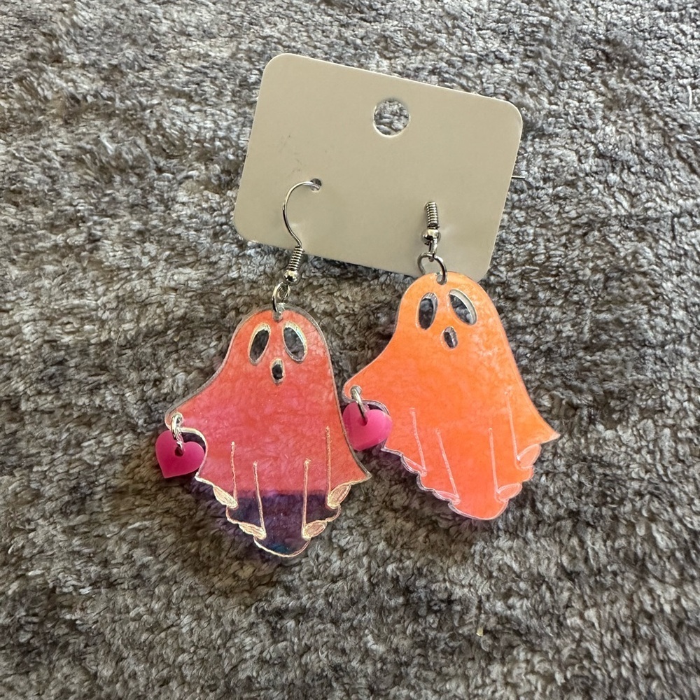 Acrylic Iridescent Ghost Earrings with Hearts Rainbow Halloween Goth